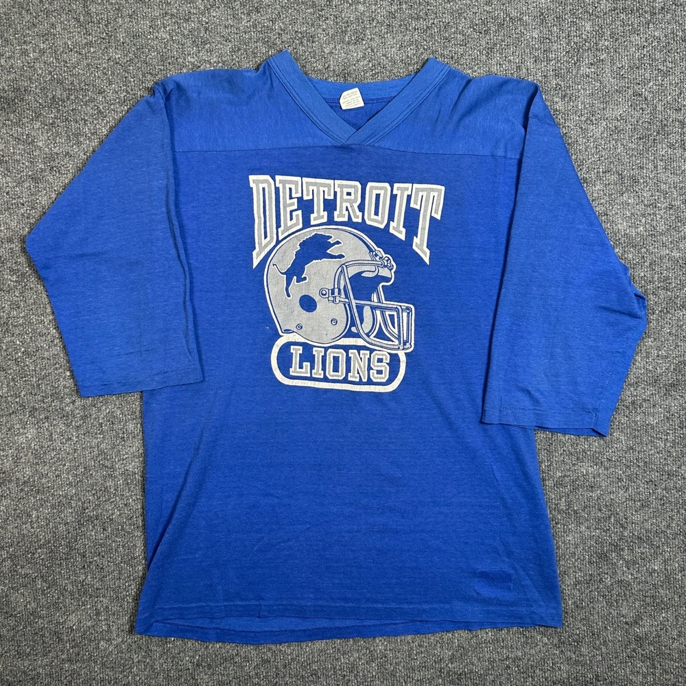 VTG Detroit Lions Shirt Logo 7 Blue 3/4 Sleeve Jersey Men's Size XL 80s NFL USA